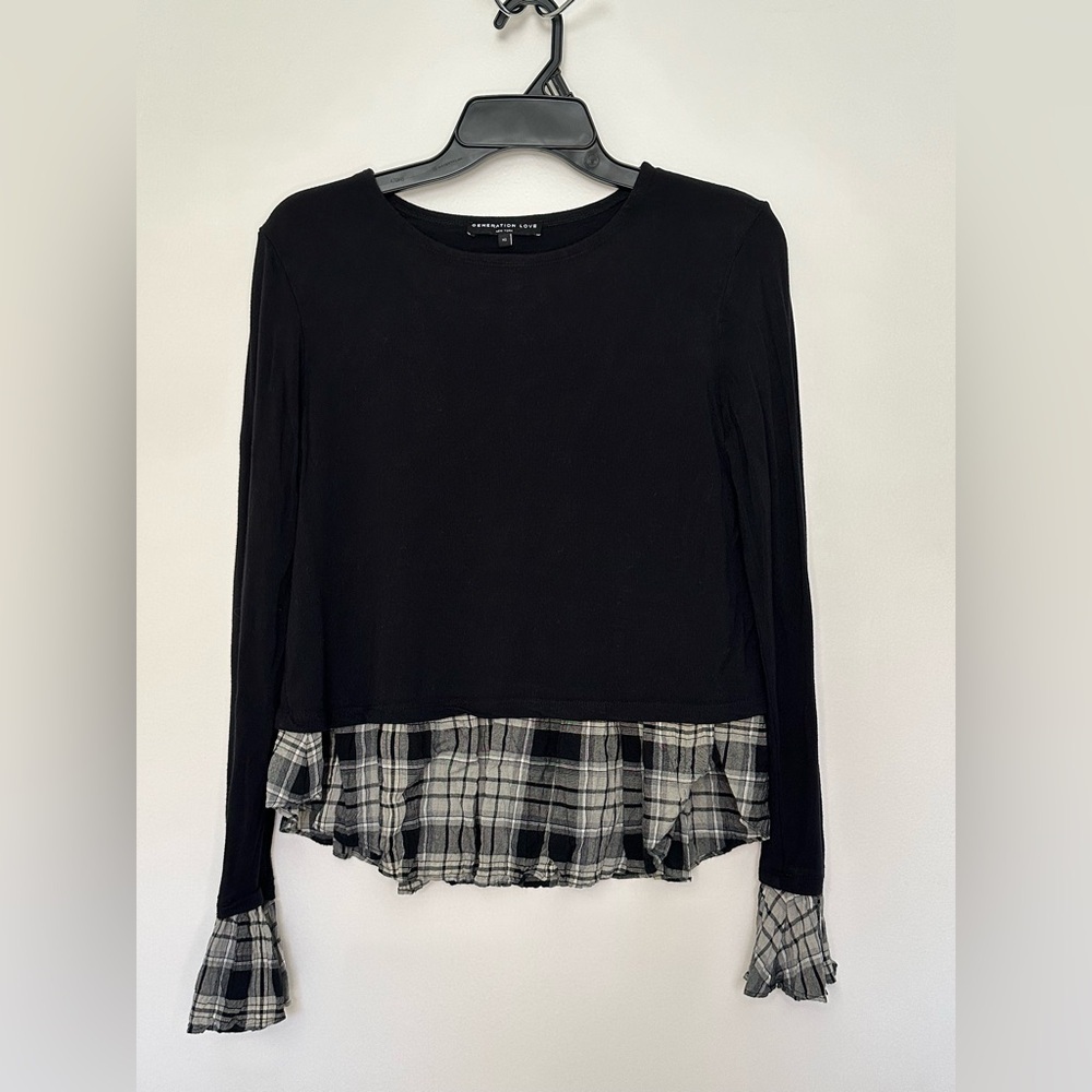 Generation Love Y2K Preppy Top Women’s XS Black Plaid Pullover Bell Sleeve